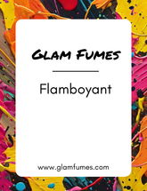 A colorful paint splattered background with the text 'Glam Fumes Flamboyant' perfume and body oil prominently displayed.